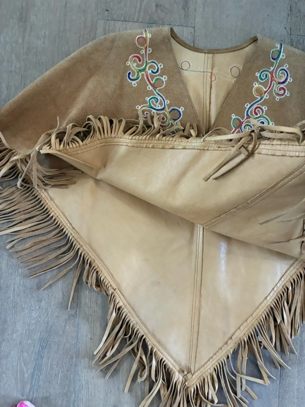 Fringed Suede Embroidered Poncho in Tan